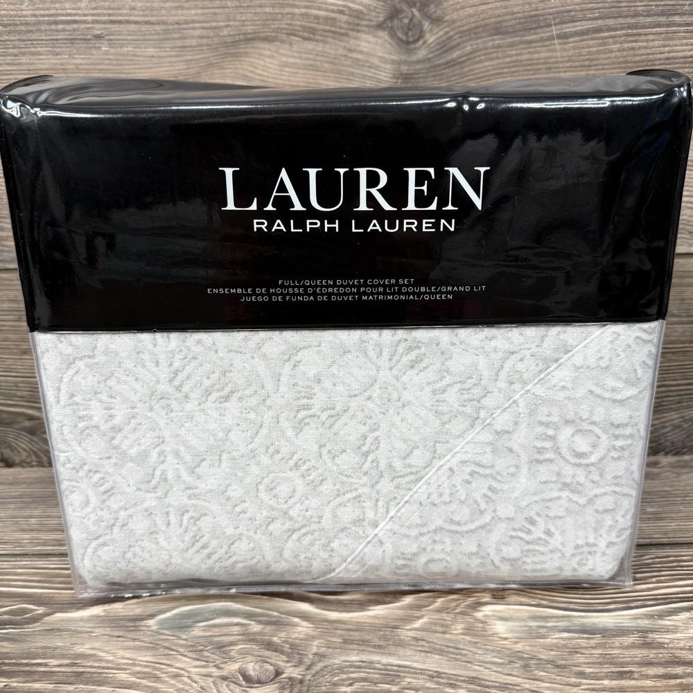 Ralph Lauren Emilia Grey Tonal Medallion Cotton/Linen Duvet Cover Set QUEEN $360